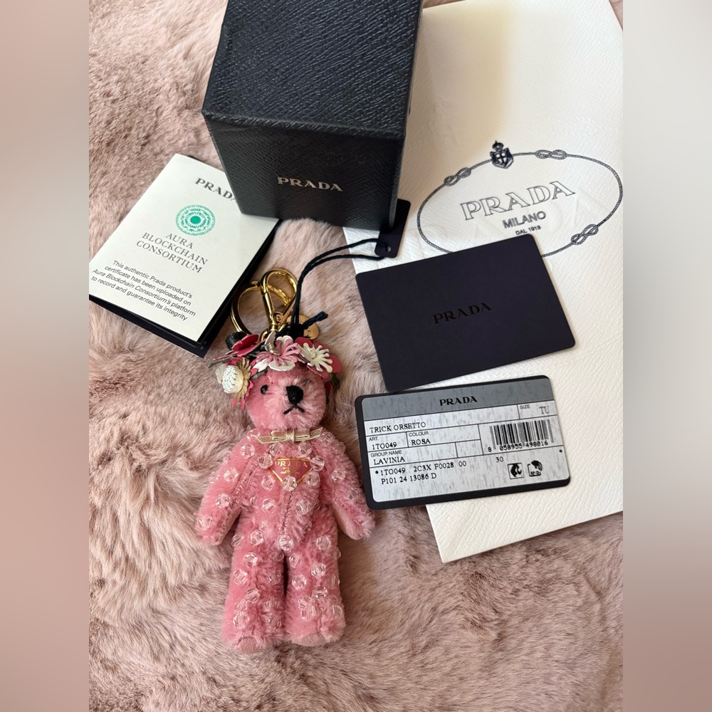 Prada Pink Floral Teddy Bear Charm with Gold Hardware - Picture 2 of 7